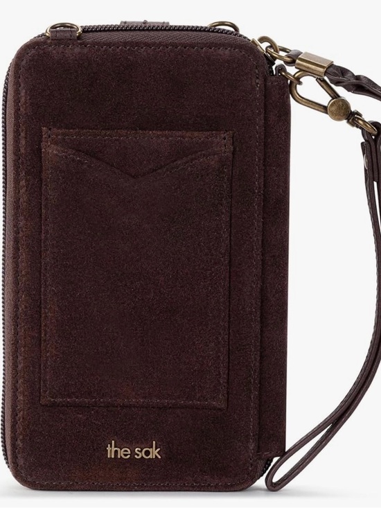 The Sak Handbags - The Sak Suede Wristlet, crossbody Phone Wallet - Dark Brown, New With packaging
